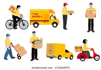 Online delivery contactless service to a home office by bicycle, motorcycle, truck. A delivery man is waring a mask to prevent from coronavirus  