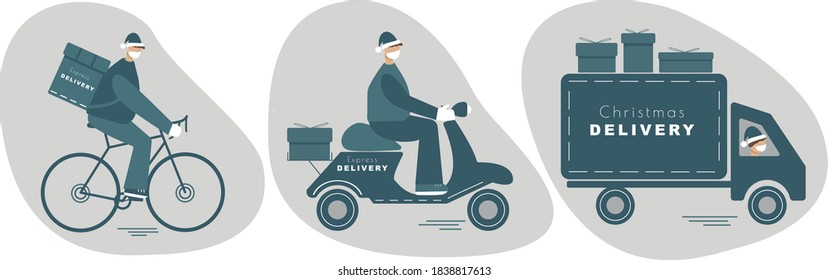 Online delivery contactless service to home, office by bicycle, motorcycle, truck. Delivery man is waring mark to prevent coronavirus. Christmas delivery.