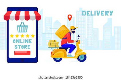 Online delivery contactless service to home, office by motorcycle. Online order tracking. Delivery service. Courier in protective mask deliver goods and food on motorcycle. Delivery app on smartphone