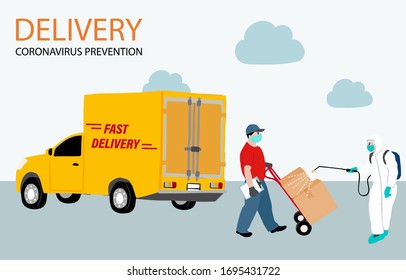 Online delivery contactless service to home,office by truck. delivery man is cleaning  and waring mark to prevent coronavirus