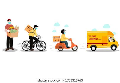 Online delivery contactless service to home,office by bicycle,motorcycle,truck. delivery man is waring mark to prevent coronavirus