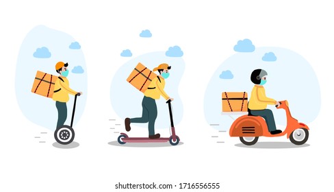 Online delivery contactless service to home,office by bike,motorcycle,scooter. delivery man is waring mark to prevent coronavirus