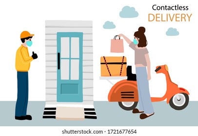 Online delivery contactless service to home,office by motorcycle. delivery man is waring mark to prevent coronavirus