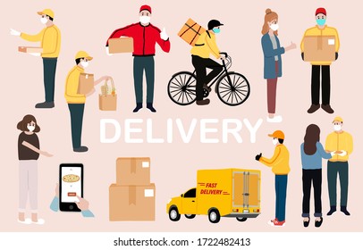 Online delivery contactless service to home,office with truck,bike. delivery man is waring mark to prevent coronavirus
