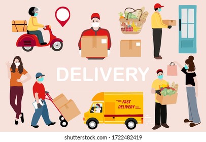 Online delivery contactless service to home,office with truck,bike. delivery man is waring mark to prevent coronavirus
