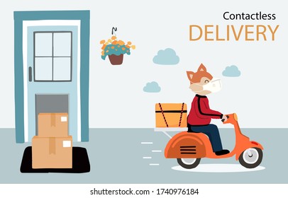 Online delivery contactless service to home,office by motorcycle. delivery animal is waring mark to prevent coronavirus