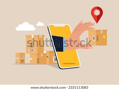 Online delivery. Courier hand on smartphone screen gives box. Delivery services. Flat vector illustration.