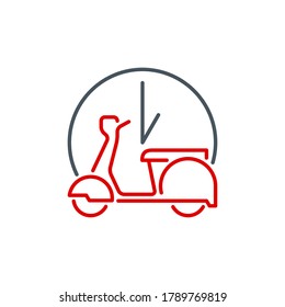 Online delivery courier on bicycle service single line icon isolated on white background. Perfect outline symbol bike food delivery banner. Quality design element information bike with editable Stroke