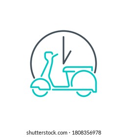 Online delivery courier on bicycle service single line icon isolated on white background. Perfect outline symbol bike food delivery banner. Quality design element information bike with editable Stroke