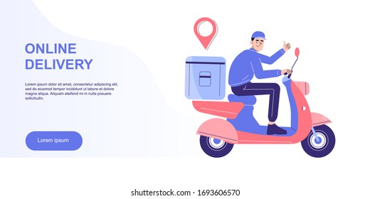 Online delivery and courier service concept. Delivery man riding scooter or moped to deliver packages to destination in time. Logistics. Delivery home and office. Landing page. Vector web illustration