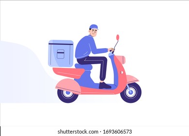 Online delivery and courier service concept. Delivery man riding scooter or moped to deliver packages or food to destination. Online order tracking. Delivery home and office. Vector illustration