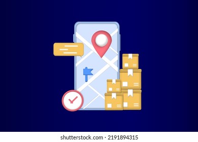 Online delivery courier service or delivery tracking mobile application concept on smartphone with packing coming out. Global logistic concept, quick and fast cargo shipment. 3d vector illustration.