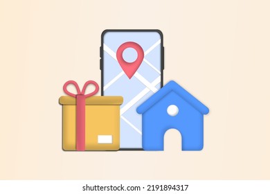 Online delivery courier service or delivery tracking mobile application concept on smartphone with packing coming out. Global logistic concept, quick and fast cargo shipment. 3d vector illustration.