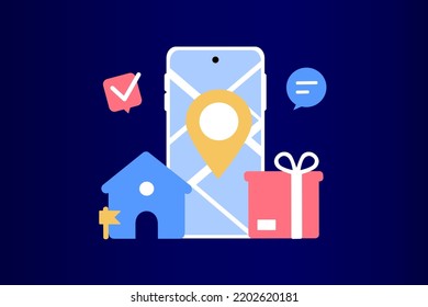Online delivery courier service or delivery tracking mobile application concept on smartphone with packing coming out. Global logistic concept, quick and fast cargo shipment. Flat vector illustration.