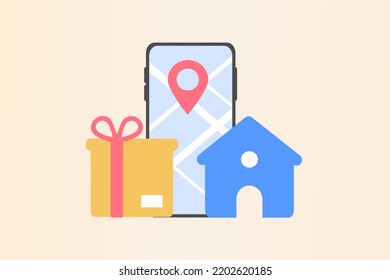 Online delivery courier service or delivery tracking mobile application concept on smartphone with packing coming out. Global logistic concept, quick and fast cargo shipment. Flat vector illustration.