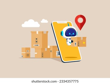 Online delivery. Cyborg сourier on smartphone screen gives box. Delivery services. Flat vector illustration.