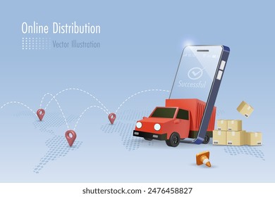 Online delivery and distribution, global logistic for online shopping. Delivery truck on mobile app with successful delivery status. 3D vector.