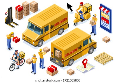 Online delivery express concept with courier parcel order. Courier shipping concepts with driver. Deliveries design with track on web, vehicle track, delivery concept. Banner flat vector illustration.