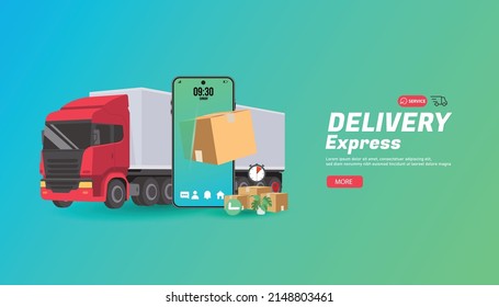 Online delivery express with smartphone concept, online order tracking, delivery home and office. Warehouse, truck