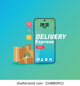 Online delivery express with smartphone concept, online order tracking, delivery home and office. Warehouse, truck