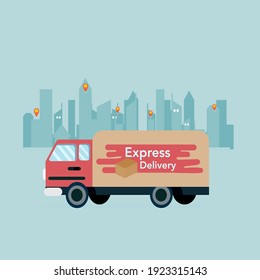 online delivery express trucking. delivery truck with map on city background. flat design vector illustration.eps