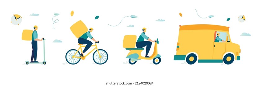 online delivery fast food service 24 7. The courier delivers food ordered through the application on bicycle. mobile food delivery on motorcycle and minivan. courier express delivery vector design