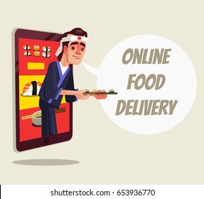 Online delivery food isolated. Chef character looking out of smartphone and holding sushi food. Vector flat cartoon illustration