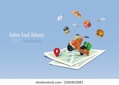 Online delivery food service. Scooter riding on map pin with fast food and beverage. 3D vector.