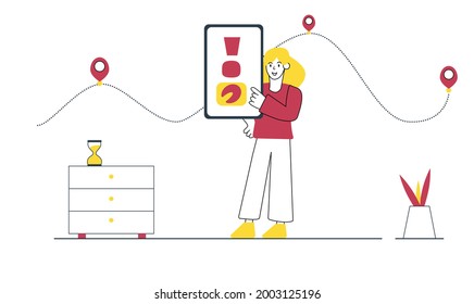 Online delivery. A girl, a woman at home, in the office makes an online order using her smartphone. Girl in red and yellow