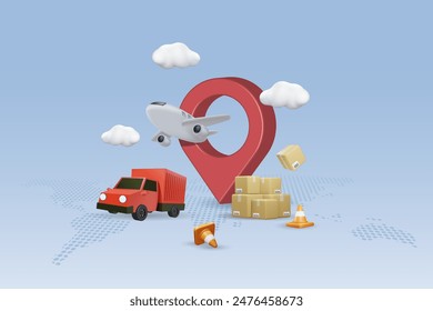 Online delivery and global logistic distribution, for online shopping. Delivery truck and airplane on pinpoint location with shipment cartons. 3D vector.