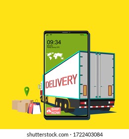 Online delivery global logistics concept. Delivery home and office. City logistics. Warehouse, Truck, Delivery application, Delivery service on mobile.