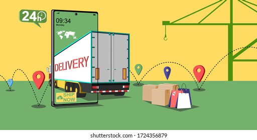 Online delivery global logistics concept. Delivery home and office. City logistics. Warehouse, Truck, Delivery application, Delivery service on mobile.