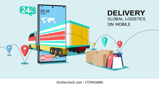 Online delivery global logistics concept. Delivery home and office. City logistics. Warehouse, Truck, Delivery application, Delivery service on mobile.