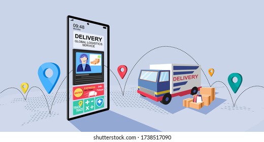 Online delivery global logistics concept. Delivery home and office. City logistics. Warehouse, Truck, Delivery application, Delivery service on mobile. Flat style vector illustration