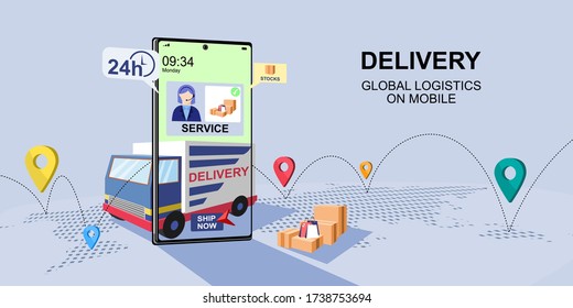 Online delivery global logistics concept. Delivery home and office. City logistics. Warehouse, Truck, Delivery application, Delivery service on mobile. Flat style vector illustration