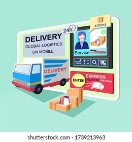 Concepto de logística global de entrega en línea. Entrega a casa y oficina. Logística de la ciudad. Almacén, Camión, Aplicación de entrega, Servicio de entrega en móvil. Ilustración vectorial de estilo plano