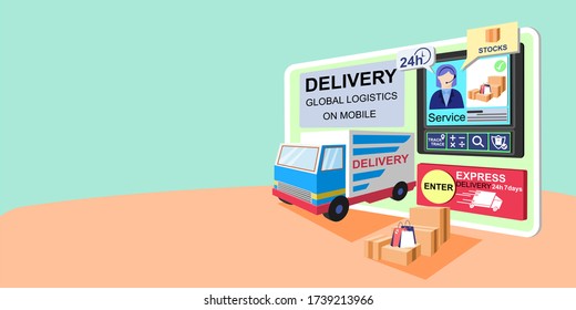 Online delivery global logistics concept. Delivery home and office. City logistics. Warehouse, Truck, Delivery application, Delivery service on mobile. Flat style vector illustration