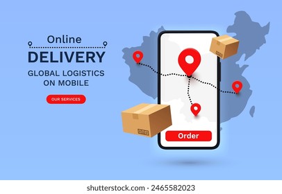 Online Delivery global logistics on mobile, delivery within the China. Vector illustration