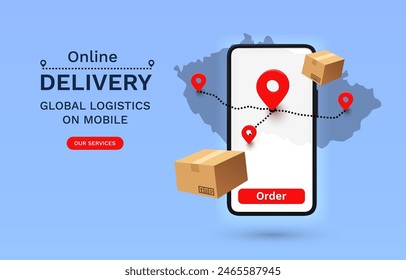 Online Delivery global logistics on mobile, delivery within the Czech. Vector illustration
