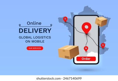 Online Delivery global logistics on mobile, delivery within the France. Vector illustration