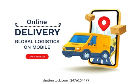 Online Delivery global logistics on mobile, delivery within the city. Vector illustration