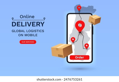 Online Delivery global logistics on mobile, delivery within the Portugal. Vector illustration