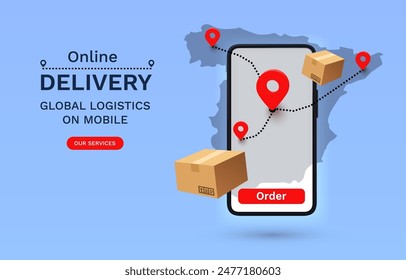 Online Delivery global logistics on mobile, delivery within the Spain. Vector illustration