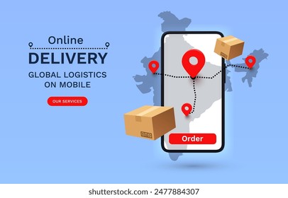 Online Delivery global logistics on mobile, delivery within the India. Vector illustration