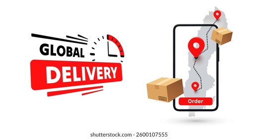 Online Delivery global logistics on mobile, delivery within the Sweden. Vector illustration