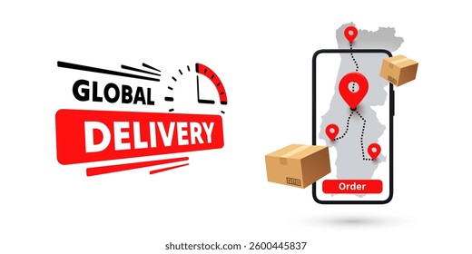 Online Delivery global logistics on mobile, delivery within the Portugal. Vector illustration
