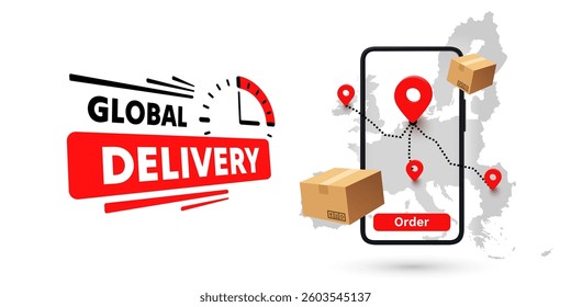Online Delivery global logistics on mobile, delivery within the Europe. Vector illustration
