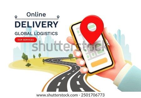 Online Delivery global logistics on mobile, delivery within the city. Vector illustration
