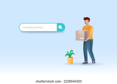 Entrega en línea, logística global con tecnología de rastreo inteligente. Hombre de entrega con caja de cartón al cliente. vector realista 3D.