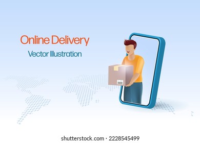 Online delivery, global logistics technology. Delivery man on smartphone sending carton shipments to customer. 3D realistic vector.